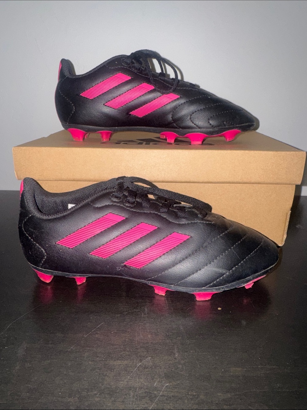 adidas Kids Black with Pink Stripe Soccer Cleats